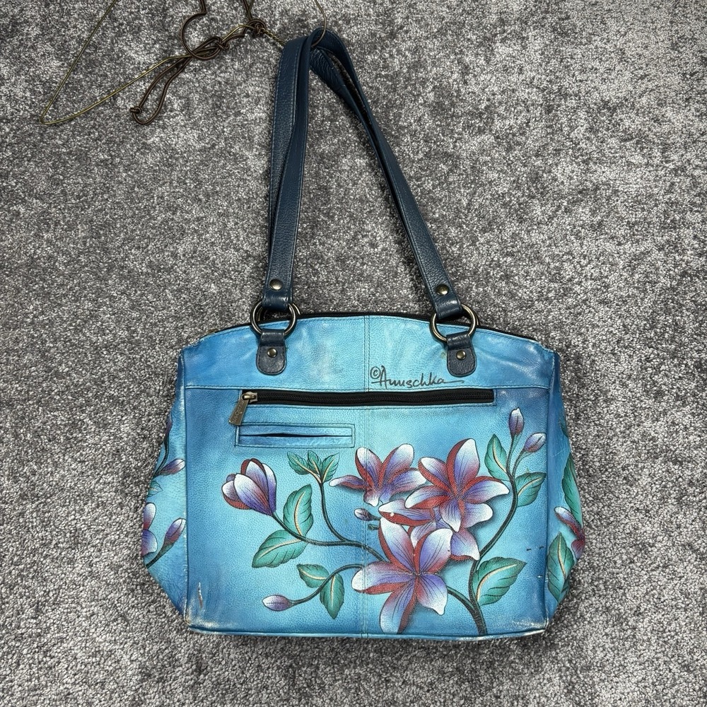 Anuschka Floral Hand Painted Leather Purse Handbag Blue